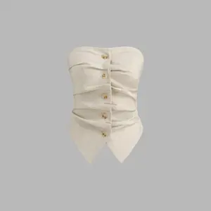 Cider [size 2-10] Linen-blend Solid Shirred Button Ruched Tube Top