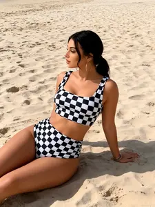Women's Checkerboard Bikini Set High Waisted Tummy Control Two Piece Swimsuit Square Neck Crop Top Retro Bathing Suit Pool Beachwear