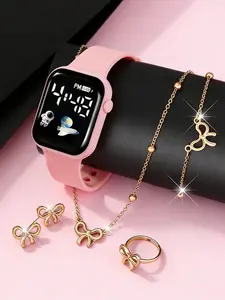 Female astronaut spaceship pattern LED electronic Square Dial Watch, Fashion Watches and gold bow gift set - the perfect birthday gift, suitable for daily use, parties, casual wear, school reunion season, Versatile Use, non-rechargeable battery