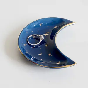 Jewelry Dish Tray, Decorative Ceramic Trinket Dish, Modern Accent Tray for Vanity, Blue