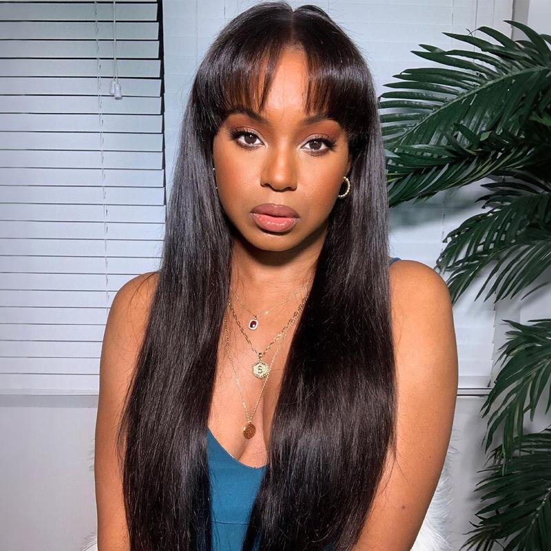 OQ HAIR Body Wave Wigs with Bangs Human Hair Wigs for Women None Lace Front Wigs 200% Density Brazilian Virgin Hair Glueless Machine Made Wig Natural Color
