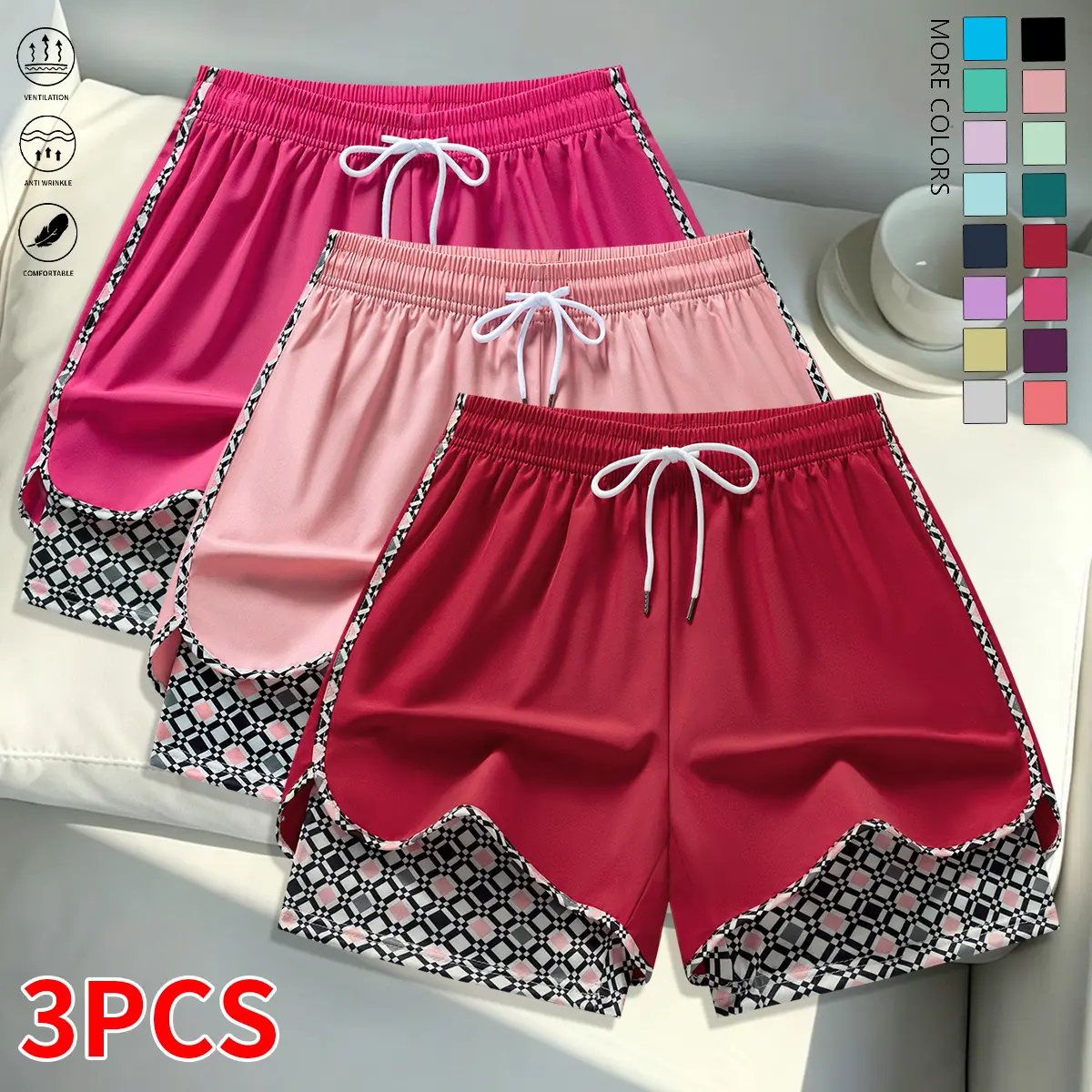 Set of 3 women’s athletic shorts featuring an elastic waistband and inner lining; suitable for outdoor workouts, running, sports activities, and everyday wear; women’s shorts, summer shorts.
