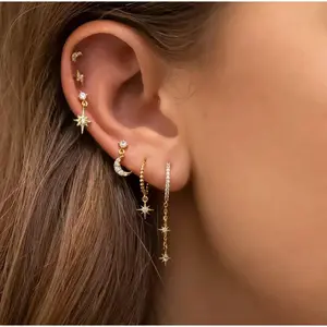 Star and Moon Chain Tassel Earrings Hexagram Zircon Stud Earrings Set Women's Earrings Jewelry Gift for Women