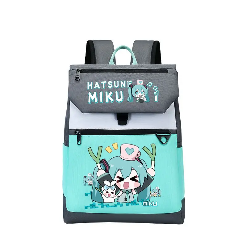 Cartoon Virtual Singer Hatsune Miku Print Flip Cover Backpack, Contrast Color Large Capacity Casual Rucksack, cute and lightweight daily backpack Suitable for School, Travel and Daily Commute