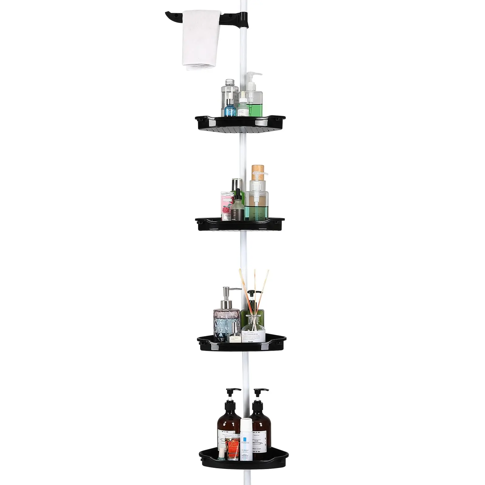 Corner Shower Caddy Tension Pole, 4 Tier Bathroom Shower Shelves Organizer with Adjustable Trays, 101.6 Inch-122 Inch, Bathtub Shelves Shampoo Holder for Inside Shower, Black