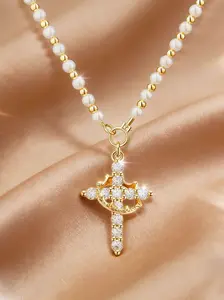 Gothic Cross Necklace, Multi-Layer Pearl Beaded Pendant, Punk Vintage Cross Necklace, Elegant Faith Cross Jewelry Gift for Women, Daily Wear Necklace