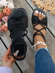 Women's Fashion Casual Sandals with Elegant Bow and Cross Strap Design, Comfortable Breathable Textile Upper, Versatile for Various Occasions