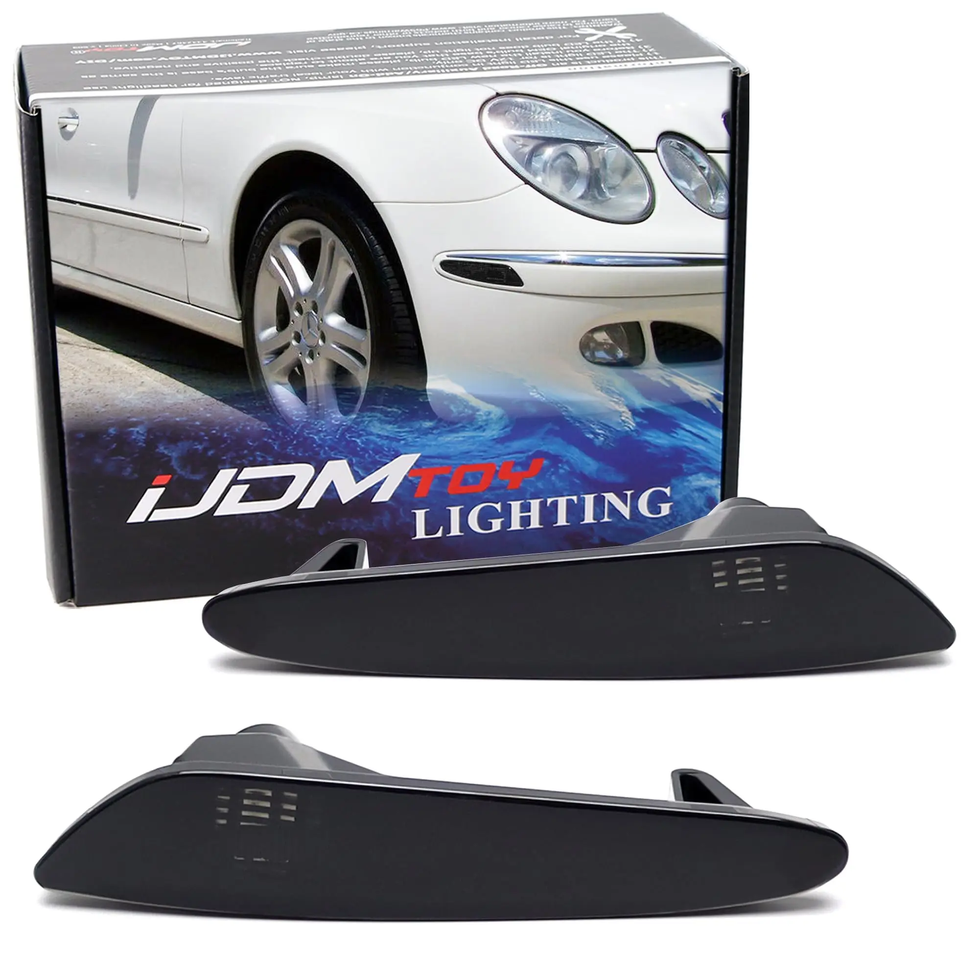 iJDMTOY OEM-Spec Black-Out Smoked Lens Front Bumper Side Marker Lamp Housings For 2003-2006 Mercedes W211 E320 E500 E55 E-Class