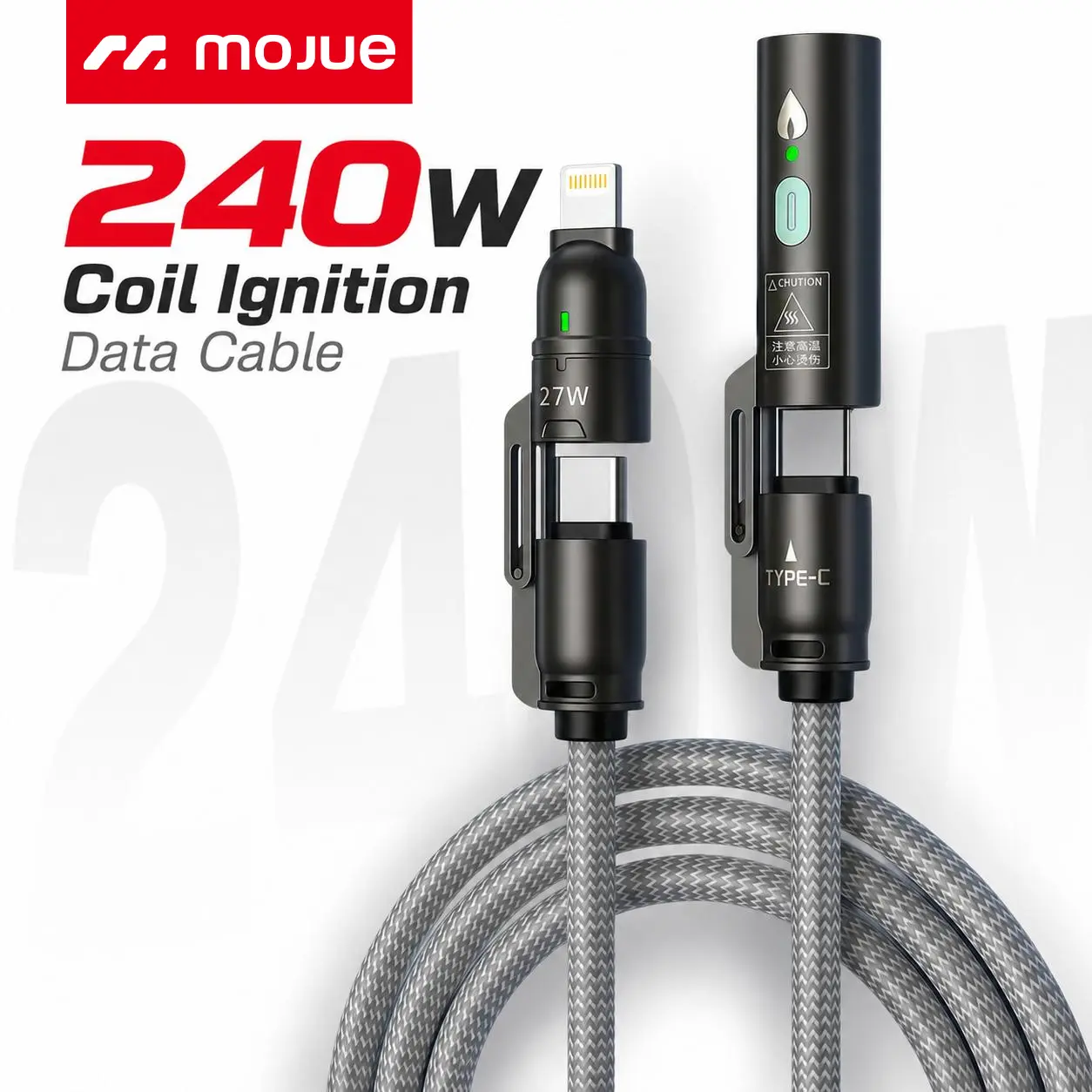240W Coil Ignition All-in-One Charging Cable – USB-A/Lightning & Dual Type-C in One, 5FT Nylon Braided Cord, Charge MacBook, iPhone, Android Devices, 480Mbps Data Sync – Your Go-To Cable for Home, Office, Travel