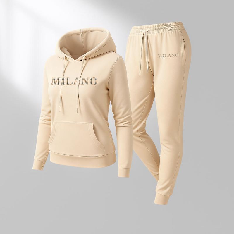 Women's MILANO Print Hoodie And Drawstring Track Pants Set, Casual Sportswear, Long-Sleeved Hooded Jacket And Pants, Suitable For Autumn And Winter, Everyday Wear, Indoor And Outdoor Sportswear, Casual Sportswear.