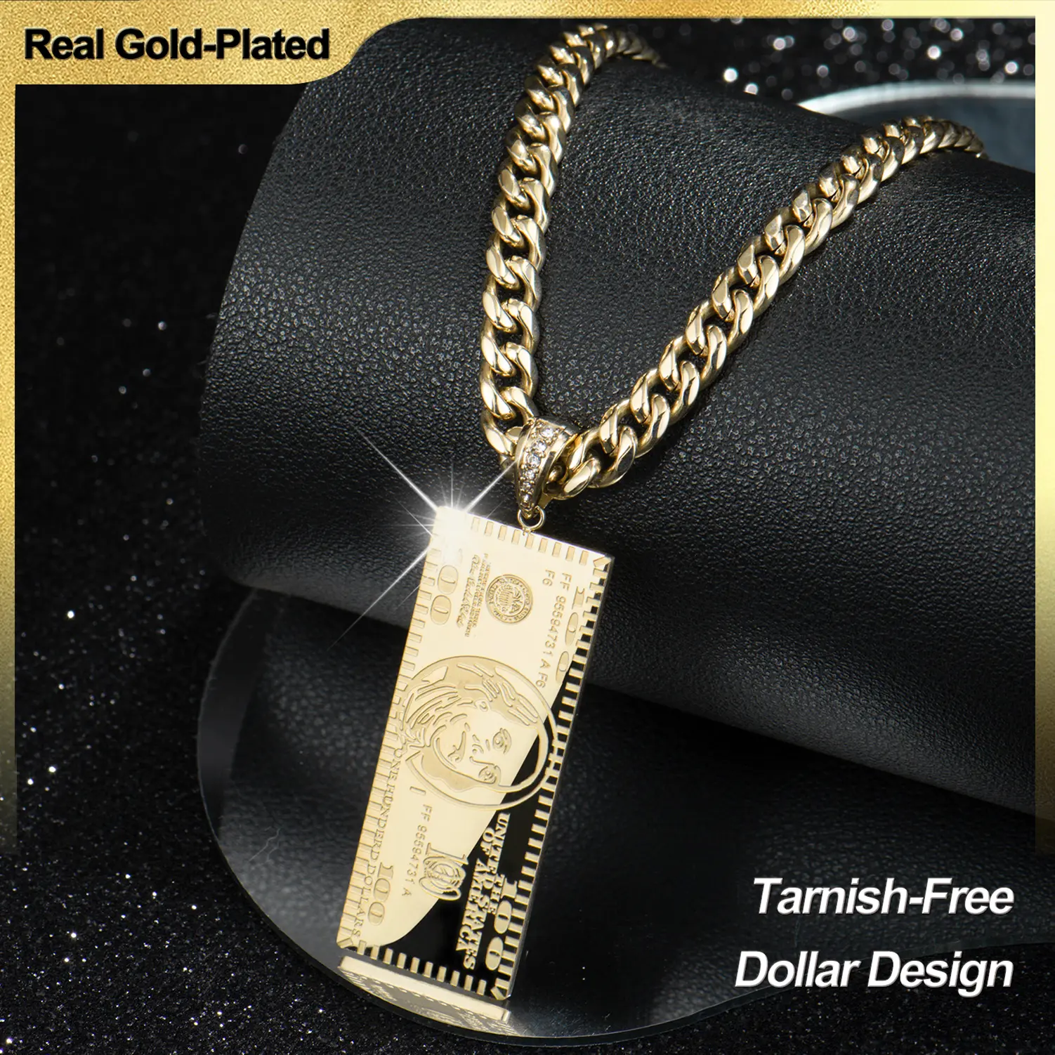 Holylegend 14K Real Gold-Plated Dollar Pendant Necklace, Double-Sided Mini Money Design, Iced Connector, 24" Cuban Chain, Hip Hop Jewelry Gift for Streetwear Lovers,Father's Day Gift summerwins