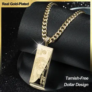 Holylegend 14K Real Gold-Plated Dollar Necklace, Double-Sided Mini Money Design with Iced Connector, 24" Cuban Chain, Hip Hop Jewelry Gift for Streetwear Lovers