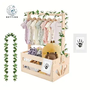 Wooden Baby Shower Crate Closet, Baby Storage Crate Clothes Baskets Organiser with Baby Handprint Ink Pads and Artificial Garland, Welcome Gift Basket for Newborn Boys Girls, Pregnancy Gifts for New Parents, Suitable for Christmas and Halloween Gifts