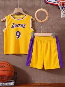 Boys' Lakers No. 9 JAMES Basketball Sports Suit 2-piece Set - Breathable Quick-drying Vest + Contrast Color Striped Shorts, Children's Training and Competition Dual-purpose Basketball Uniform