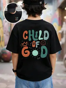 Boys' Black Short Sleeve T-Shirt - "Child of God" Trendy Colorful Letter Print Kids' Top