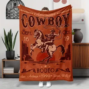Vintage Cowboy Rodeo Flannel Throw Blanket - Hypoallergenic, All-Season, Digital Print, Machine Washable, Polyester, Knitted, Tear Resistant For Sofa, Bed, Office, Outdoor Travel, Camping - 1PC