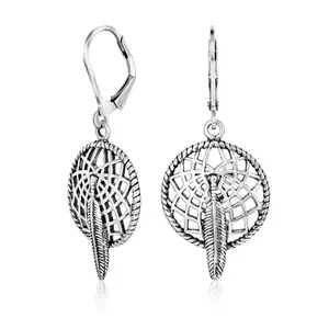 Native American Style Dream Catcher Feather Leaf Dangle Earrings .925 Sterling Silver