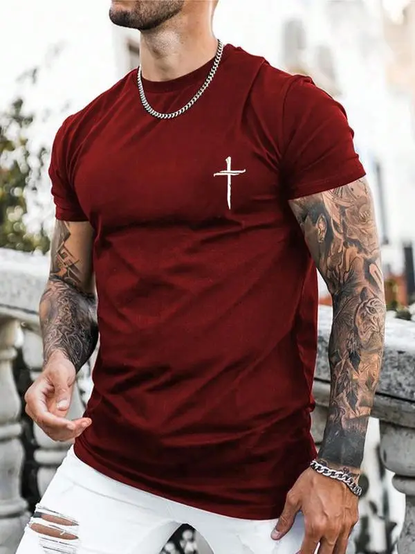 Men's Regular Fit Cross Print Tee – A casual, graphic round-neck summer t-shirt that's a 90s-inspired streetwear staple for daily wear.