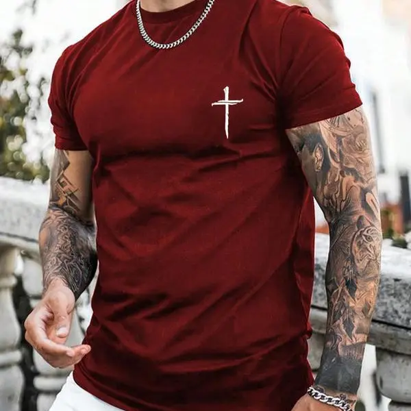 Men's Regular Fit Cross Print Tee – A casual, graphic round-neck summer t-shirt that's a 90s-inspired streetwear staple for daily wear.