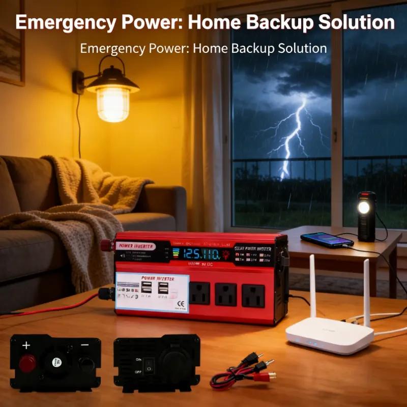 Vehicle Power Supply Inverter DC 12V to 110V AC with 3 AC Sockets 4 USB Fast Charging Ports 5000W Peak Power Car Converter for Outdoor Camping RV Truck Boat Road Trip Emergency Power Backup