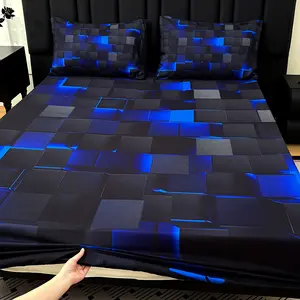 Checkered Pattern 3D Geometric Art Print fitted sheet set 3pcs - Soft & Breathable, Suitable for Bedroom, Guest Room & Dorm Decor, Includes fitted sheet*1 + 2 Pillowcases（Without flat Sheet） Organic Cotton Grounding Sheets Luxury Bamboo Cooling