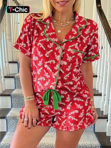 2 pieces of ladies' christmas cane candy printed short sleeved shorts sleepwear set with buttons, collars, bows, suitable for comfortable and casual home wear in all seasons
