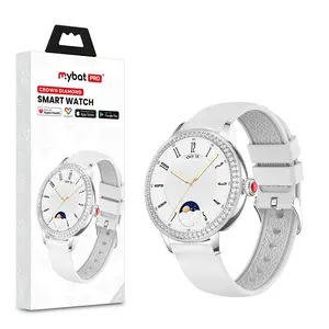 MyBat Pro Crown Diamond Smart Watch with Apple Health & iOS Support White Leather Strap