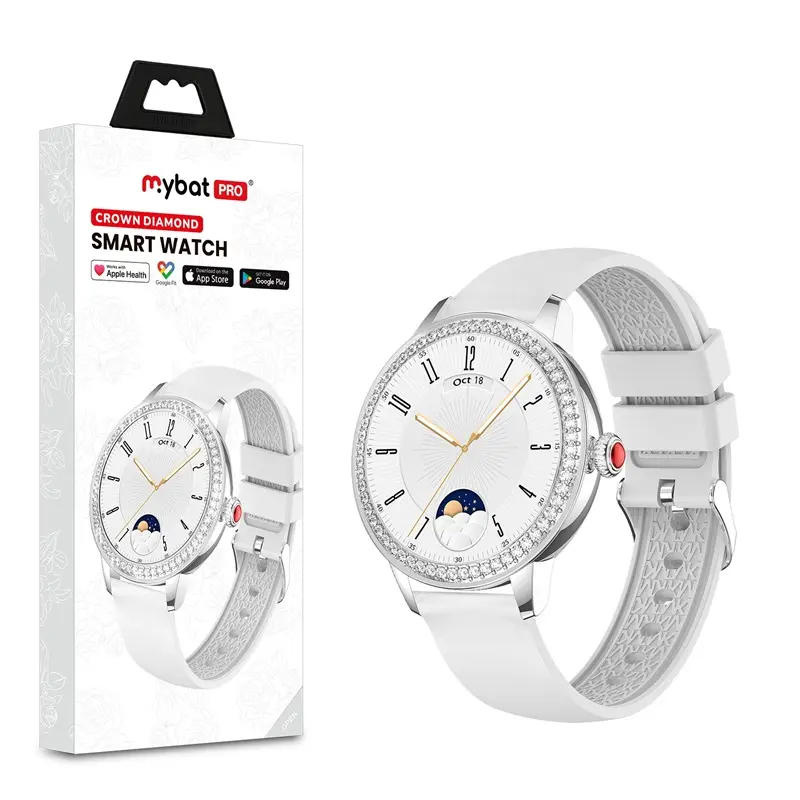 MyBat Pro Crown Diamond Smart Watch with Apple Health & iOS Support White Leather Strap
