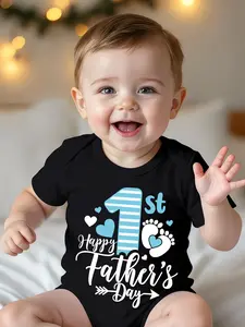 Baby Boy "My 1st Happy Father's Day" Cotton Bodysuit, Blue & White First Father's Day Romper