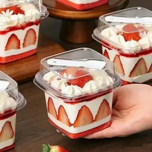 100PCS Square Cake Boxes with Lids (50 Base + 50 Lid), Food-Grade PET Dessert Containers for Mousse & Layered Cakes, Bakery Takeout & Party Packaging