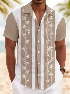 New Summer Men's New Style Shirt, Colorblock Striped Bamboo Print Short Sleeve, Comfortable Breathable Zen Daily Wear