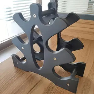 A black three-tier dumbbell rack, a space-saving gym and home weight rack suitable for strength training, fitness, bodybuilding, and hand exercise equipment. The compact A-frame design can hold six dumbbells.