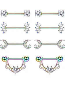 4Pairs 14G Nipple Rings 316L Surgical Steel Moon Flower Nipple Tongue Ring Barbell Piercing for Women Body Piercing Jewelry