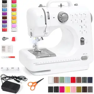 Compact Sewing Machine, 42-Piece Beginners Kit, Multifunctional 6V for Beginner w/ 12 Patterns, Light, Foot Pedal, Drawer - Gray/White