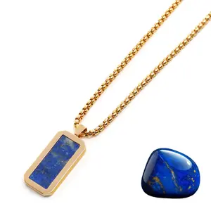 GT Collection Gold Rectangle Pendant Necklace with 29.4mm x 14.6mm Lapis Lazuli Stone & Stainless Steel Chain 80g Lightweight Spiritual Gift Handcrafted by Jewelry Artisans