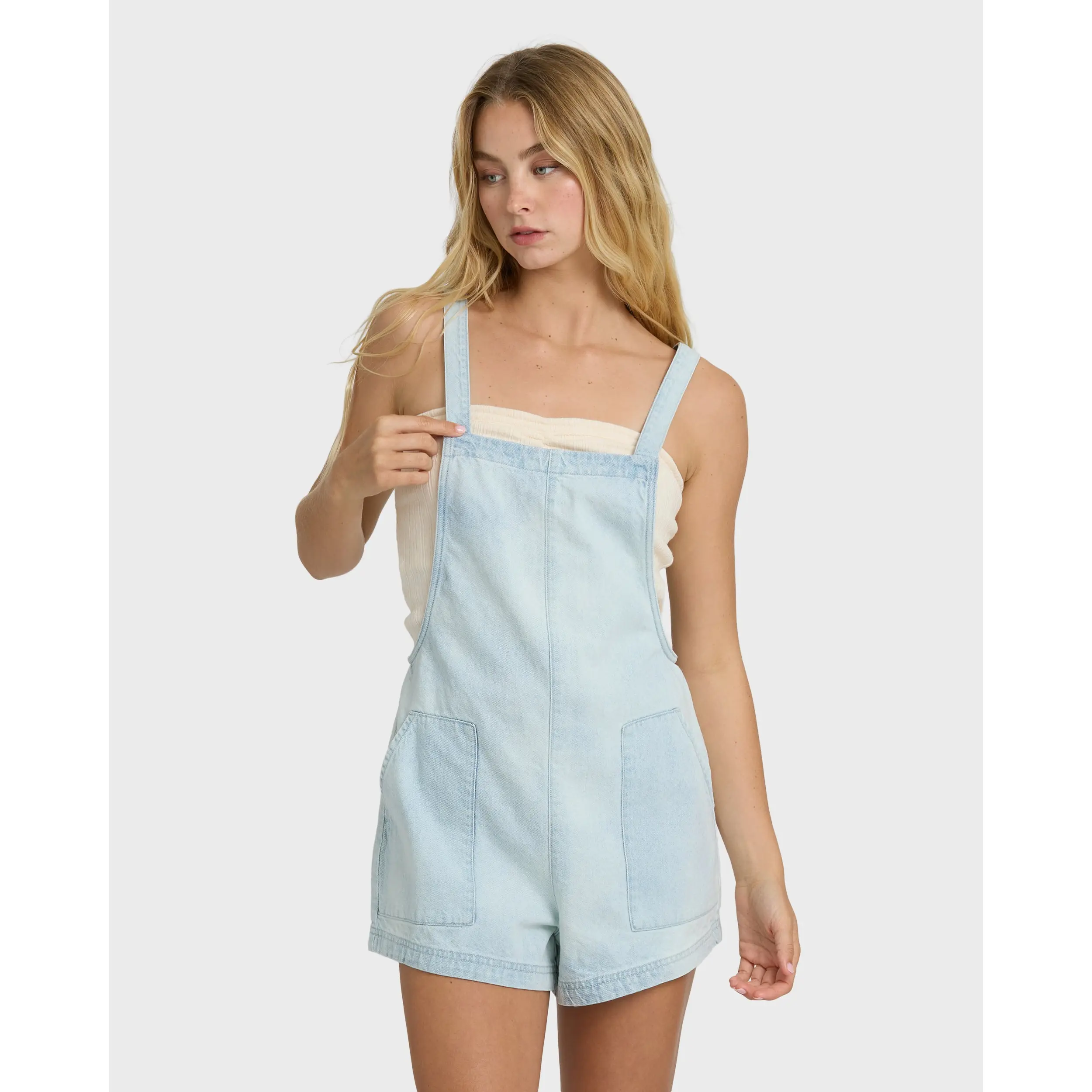 BILLABONG Women's Beach Crush Denim Overalls, 100% Cotton Denim Adjustable Strap Short Overall, Casual Beach Romper
