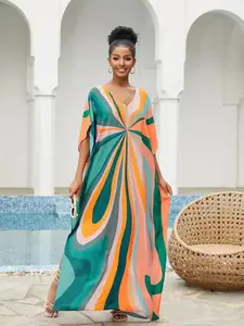Women's All Over Print Batwing Sleeve Kaftan, Summer Clothes Women, esty Boho V Neck Split Maxi Dress for Daily Outdoor Holiday Vacation Wear, Women's Islamic Clothing for Summer, Muslim Summer Clothes, Minimalist Chic