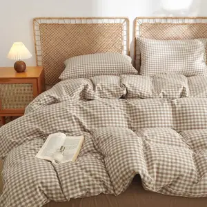 Gingham Duvet Cover Queen Size 100% Washed Cotton Brown Tan Plaid Checkered Comforter Cover 3 Pcs Soft Breathable Grid Farmhouse Dorm Bedding Set for All Seasons