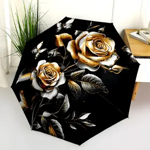 1 PC Automatic Folding Umbrella - Golden Roses and Butterflies on Black Background Pattern, Portable & Foldable Design with 8 Ribs, Merry Christmas Pattern,Casual Outdoor Accessory Halloween and Christmas Birthday Gifts. B0043