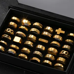 Random 24pcs Fashion Stainless Steel Men's Rings, Simple Hollow Design, Rotatable Stress Relief, Waterproof Non-Fading, Allergy-Free Gift, Stacking Ring Set, Rotating Openwork Ring