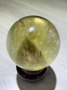 Natural Yellow Citrine Crystal Sphere with Wooden Base for Home Decor