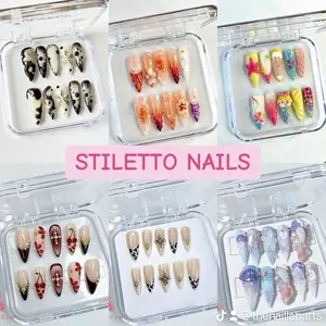 The Nail Lab Stiletto Press-On Nails Kit, 10pcs Multi-Pack, Salon Quality 3D Acrylic (Pink, Blue), Glossy Glitter with Rhinestones & Bow Charm, XS-L Sizes, High Quality, Includes Glue Tabs, Handcrafted