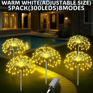 Solar Garden Lights Outdoor, 5 Pack300 LED Twinkling Firework Lights Decorative , Outdoor Waterproof Solar Starburst Light for Outside Yard Pathway Garden Decor, Warm White