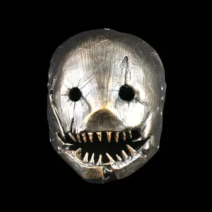 Terrifying Distorted Resin Mask for Halloween Haunted Houses & Dark Cosplay Warped Metallic Silver Face Wide Eye Cutouts Aged Metal Texture Lightweight Breathable Construction