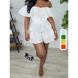 Solid Off Shoulder Layer Ruffle Romper, Elegant Short Sleeve Waist Romper Jumpsuit, Women's Clothing