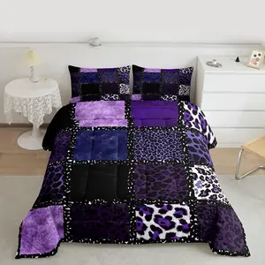 Purple Leopard Print Comforter Set for Kids Boys Girls,Animal Skin Texture Bedding Set,Patchwork Geometric Duvet Insert,Farmhouse Bed Set for All Season