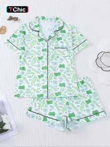 Women's Cartoon Cucumber Print Pajama Set, Casual Fitted Two-Piece, Breathable Summer Home Wear, Fun and Comfortable