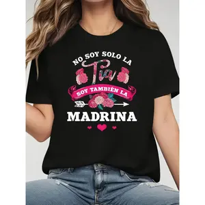 I Am Not an Aunt, I Am Also a Godmother. Cozy Family Style 'Godmother Identity' Spanish Print T-Shirt for Women, Short-Sleeved, Round Neck, Casual Top for Spring And Summer