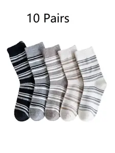 10 Pack Korean Style Striped Crew Socks, Fashionable Neutral Tone, Casual Mid Calf Socks, Soft Stretch, Breathable, Dress Socks for Women Girls