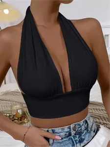 Women's Solid Color Hanging Neck Tie Side Swim Bra, Casual Fashion Chic Swimwear Top for Beach Holiday Vacation, Ladies Swimsuit for Summer, Solid Ruched Bikini, Sleeveless Swimsuits
